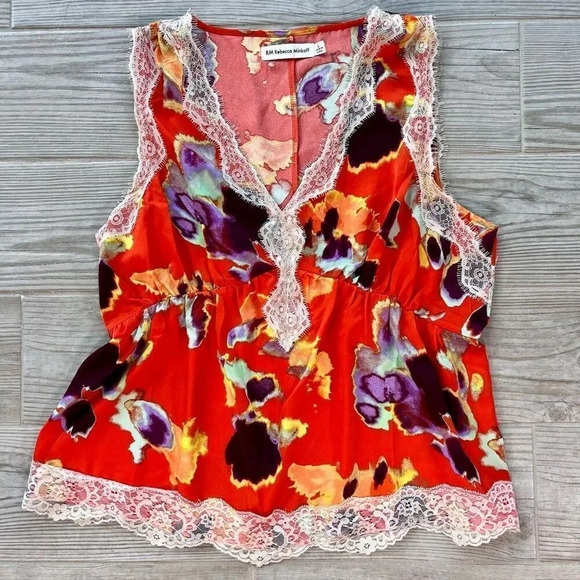 Rebecca Minkoff Women's‎ Multicolor Allover Print Sleeveless Lace Trim Top Large - Picture 1 of 7